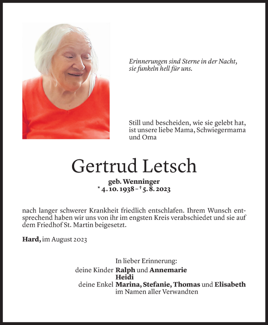 Todesanzeigen von Gertrud Letsch | Todesanzeigen Vorarlberger Nachrichten