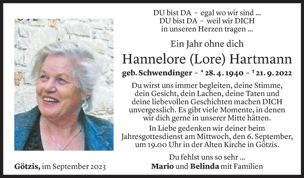  Todesanzeige für Hannelore Hartmann vom 04.09.2023 aus Vorarlberger Nachrichten