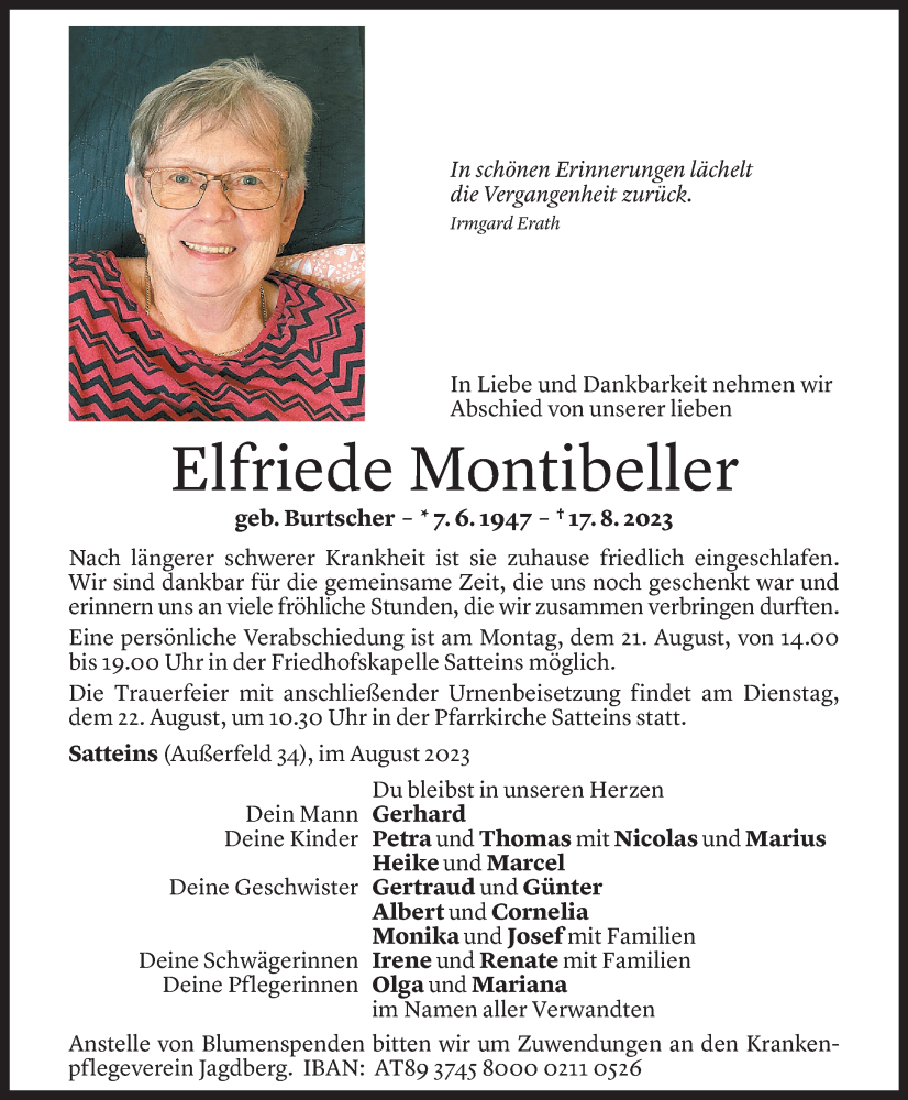  Todesanzeige für Elfriede Montibeller vom 19.08.2023 aus Vorarlberger Nachrichten