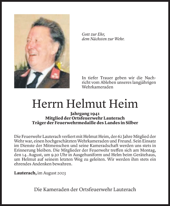 Todesanzeige von Helmut Heim von Vorarlberger Nachrichten