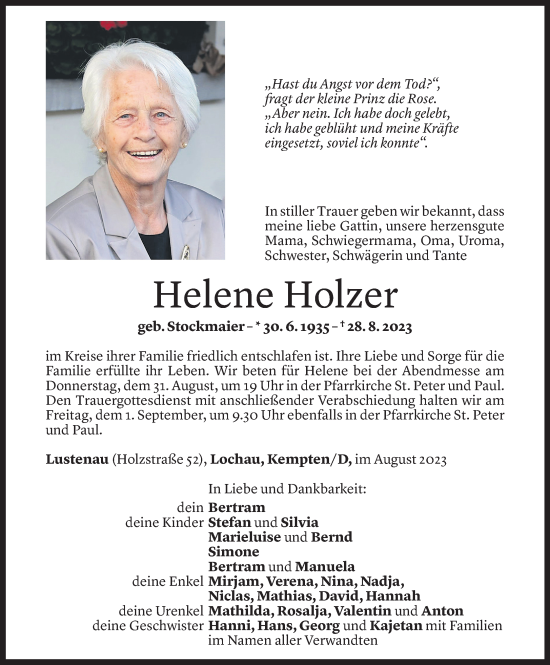 Todesanzeige von Helene Holzer von Vorarlberger Nachrichten