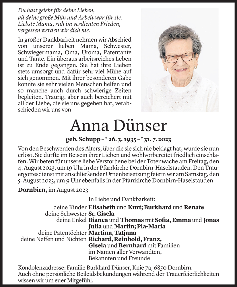  Todesanzeige für Anna Dünser vom 02.08.2023 aus Vorarlberger Nachrichten