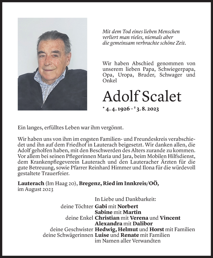  Todesanzeige für Adolf Scalet vom 18.08.2023 aus Vorarlberger Nachrichten