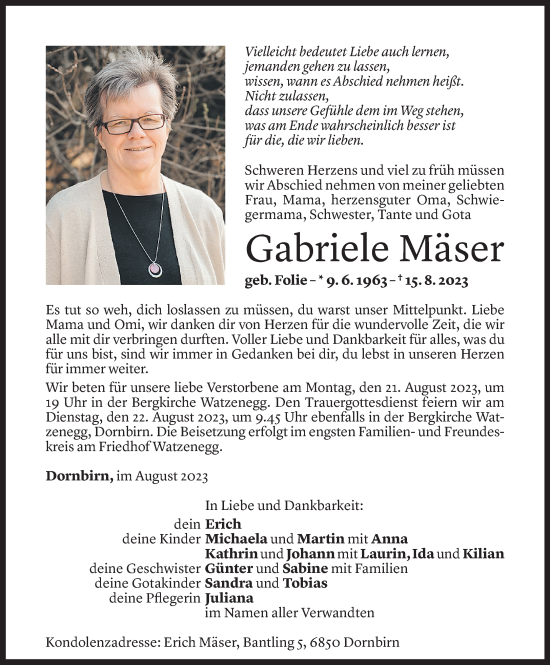 Todesanzeige von Gabriele Mäser von Vorarlberger Nachrichten