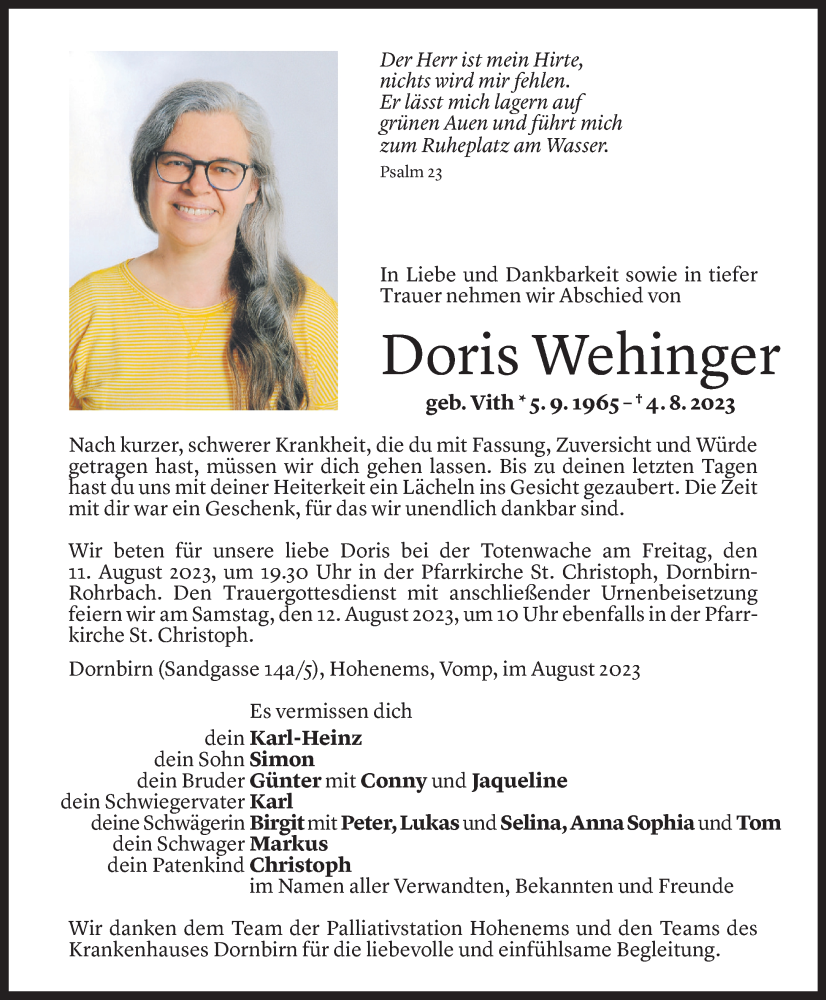  Todesanzeige für Doris Wehinger vom 08.08.2023 aus Vorarlberger Nachrichten