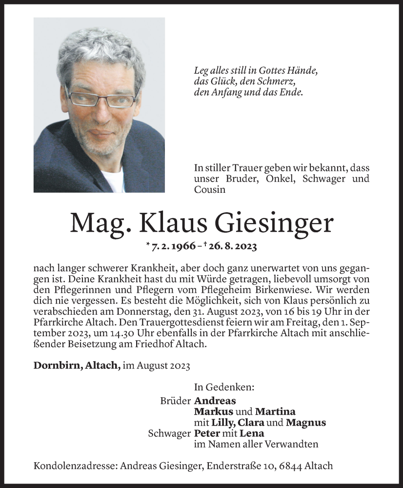  Todesanzeige für Klaus Giesinger vom 29.08.2023 aus Vorarlberger Nachrichten