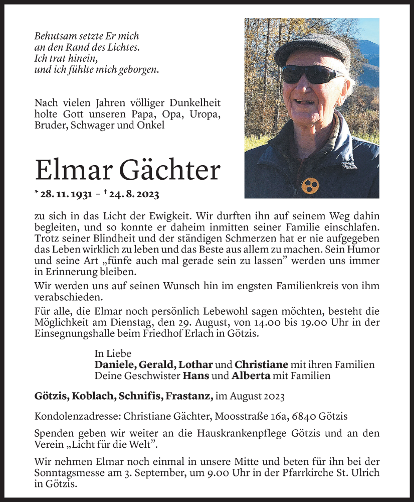  Todesanzeige für Elmar Gächter vom 28.08.2023 aus Vorarlberger Nachrichten