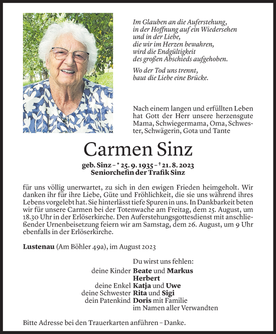 Todesanzeige von Carmen Sinz von Vorarlberger Nachrichten