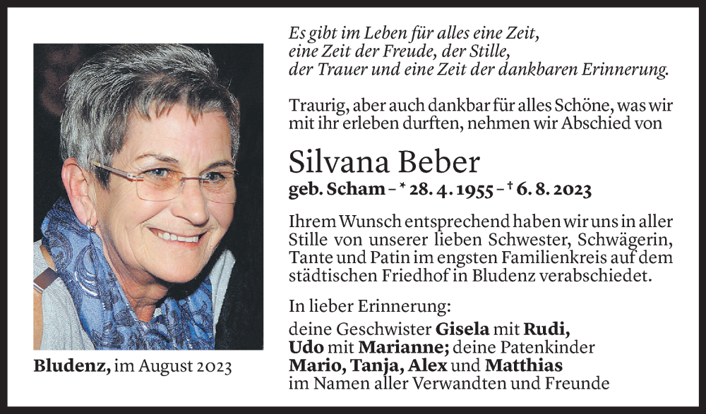  Todesanzeige für Silvana Beber vom 19.08.2023 aus Vorarlberger Nachrichten