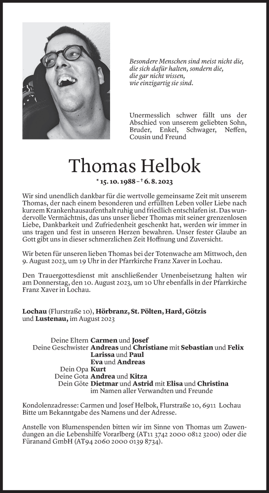  Todesanzeige für Thomas Helbok vom 07.08.2023 aus Vorarlberger Nachrichten
