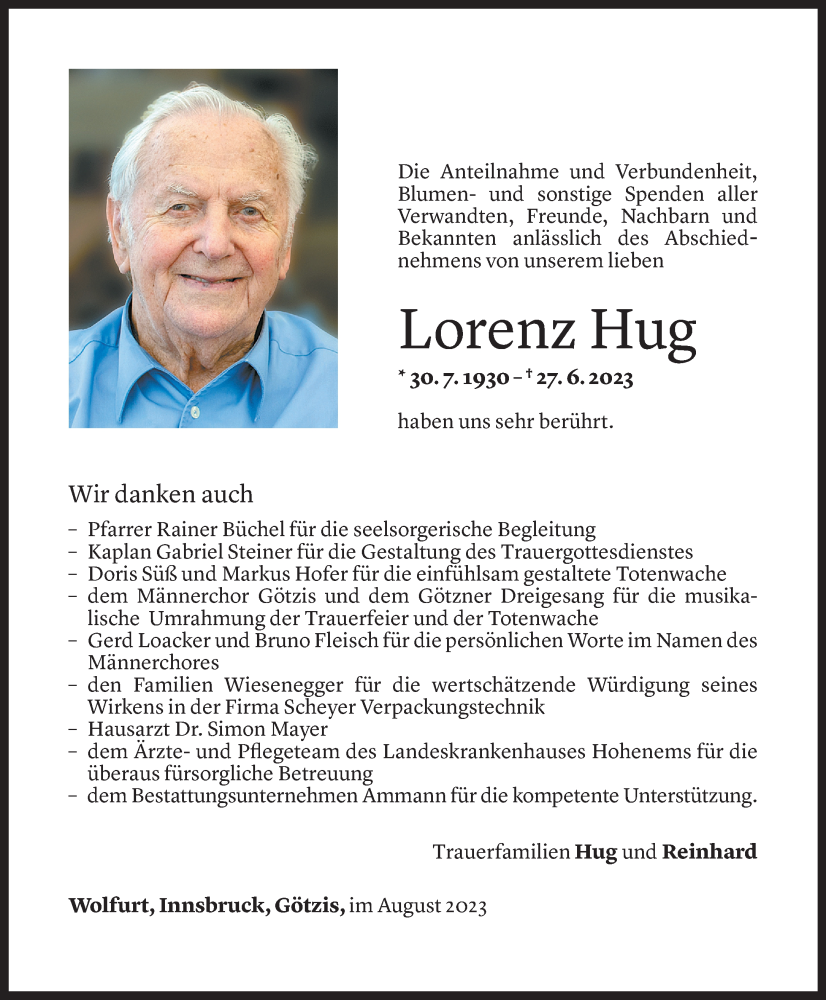 Todesanzeigen von Lorenz Wendelin Hug | Todesanzeigen Vorarlberger ...