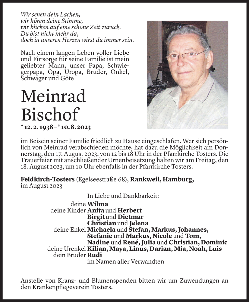  Todesanzeige für Meinrad Bischof vom 13.08.2023 aus Vorarlberger Nachrichten