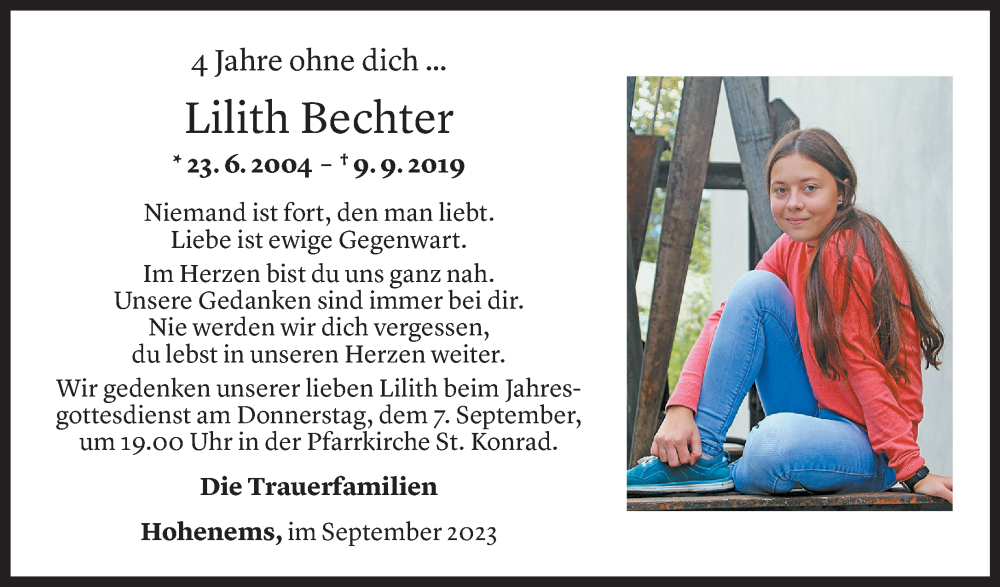  Todesanzeige für Lilith Bechter vom 04.09.2023 aus Vorarlberger Nachrichten
