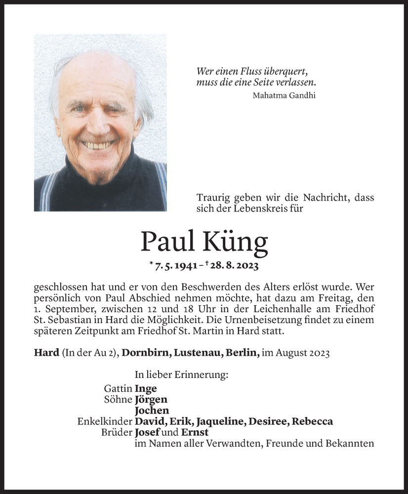  Todesanzeige für Paul Küng vom 31.08.2023 aus Vorarlberger Nachrichten