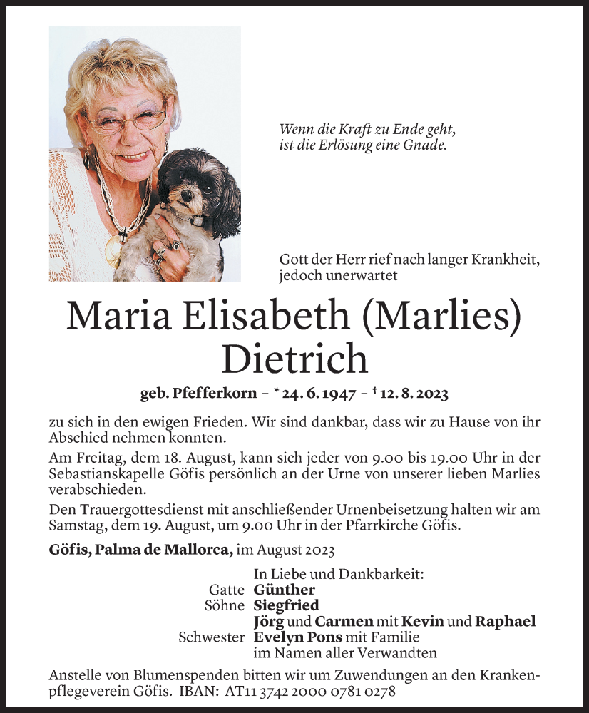  Todesanzeige für Maria Elisabeth Dietrich vom 16.08.2023 aus Vorarlberger Nachrichten