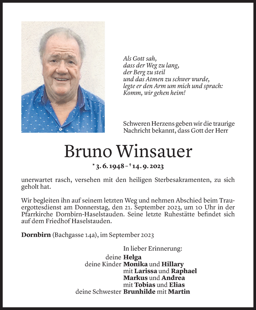  Todesanzeige für Bruno Winsauer vom 19.09.2023 aus Vorarlberger Nachrichten