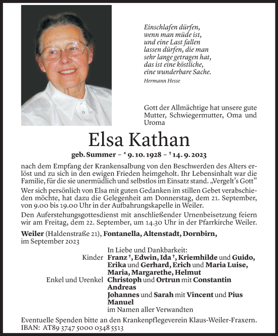 Todesanzeige von Elsa Kathan von Vorarlberger Nachrichten