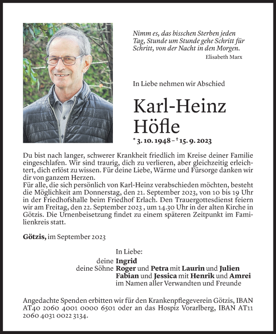 Todesanzeige von Karl-Heinz Höfle von Vorarlberger Nachrichten