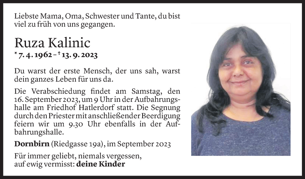  Todesanzeige für Ruza Kalinic vom 16.09.2023 aus Vorarlberger Nachrichten