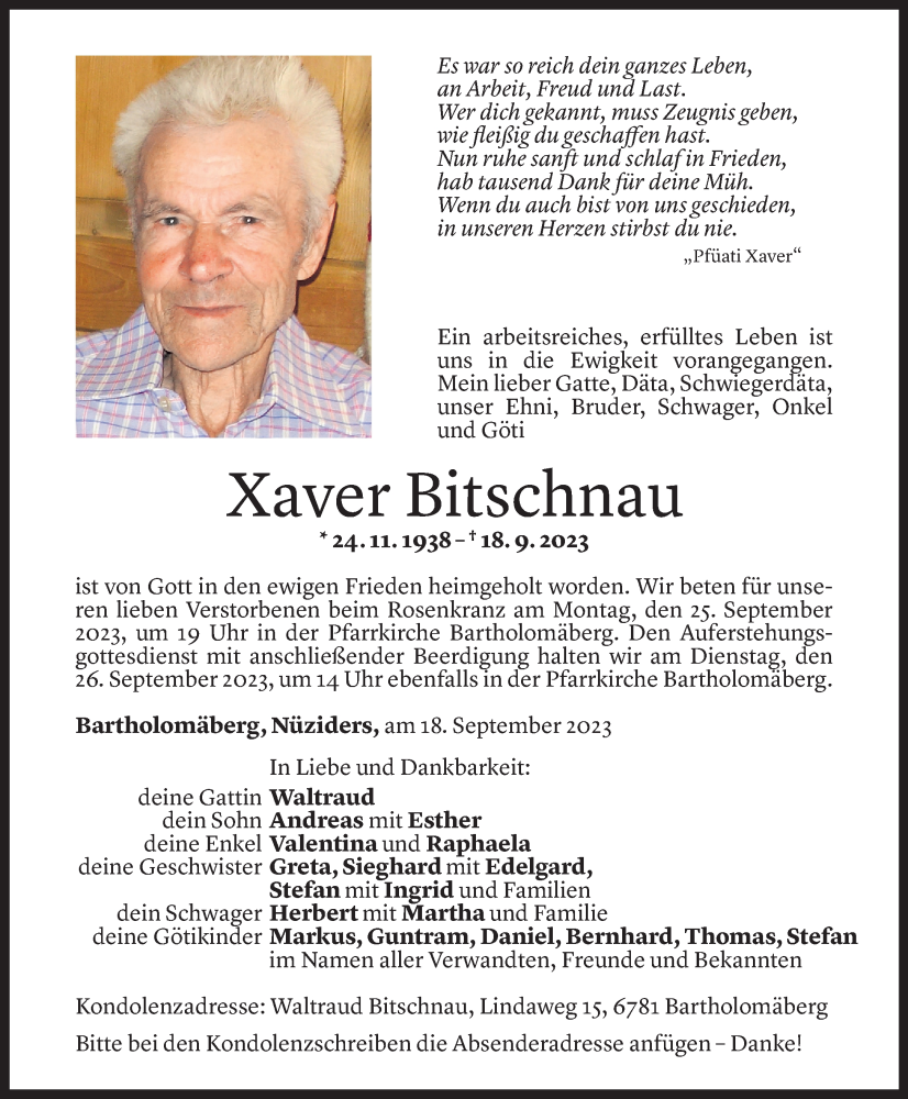  Todesanzeige für Xaver Bitschnau vom 23.09.2023 aus Vorarlberger Nachrichten