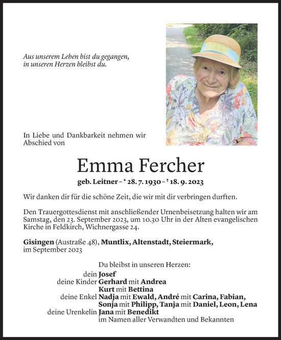 Todesanzeige von Emma Fercher von Vorarlberger Nachrichten