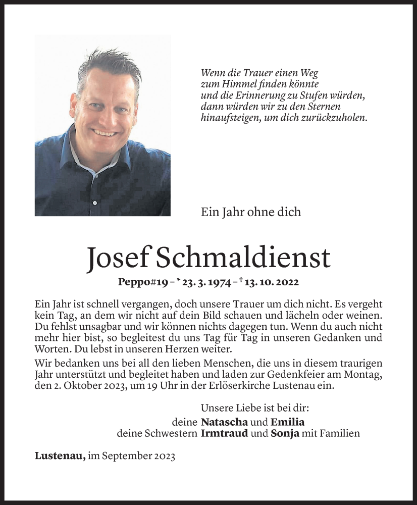  Todesanzeige für Josef Schmaldienst vom 29.09.2023 aus Vorarlberger Nachrichten