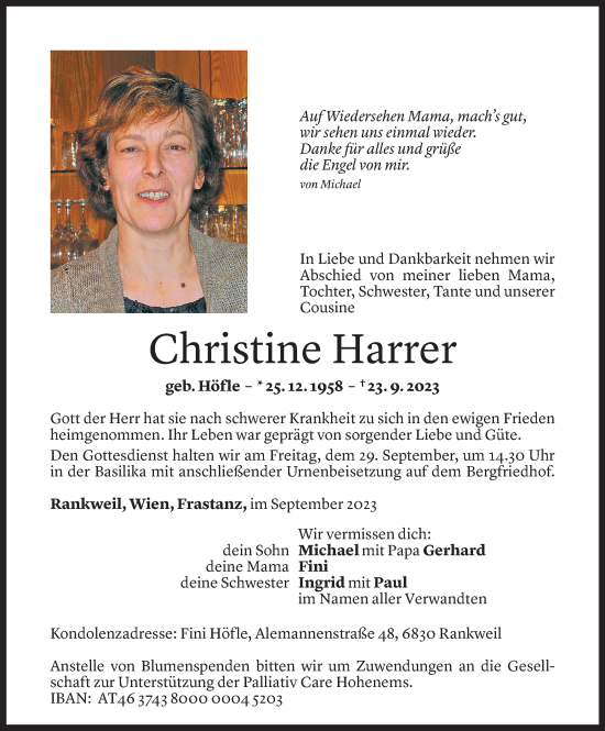 Todesanzeige von Christine Harrer von Vorarlberger Nachrichten