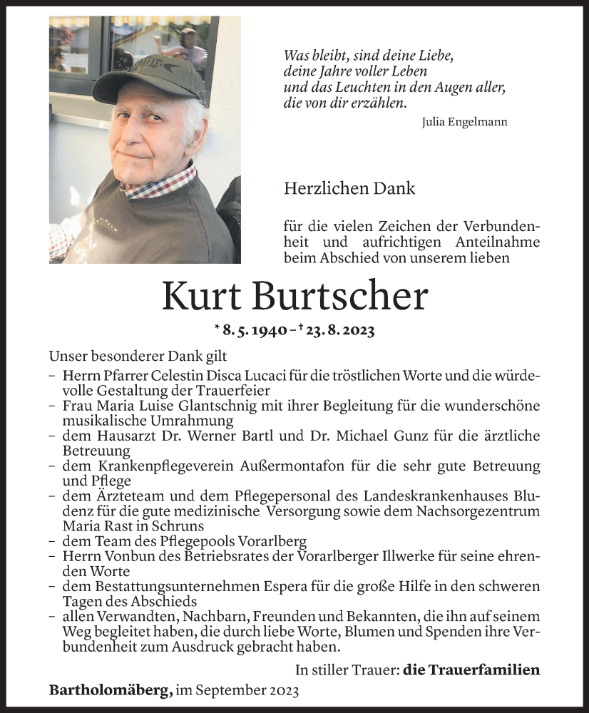  Todesanzeige für Kurt Burtscher vom 16.09.2023 aus Vorarlberger Nachrichten
