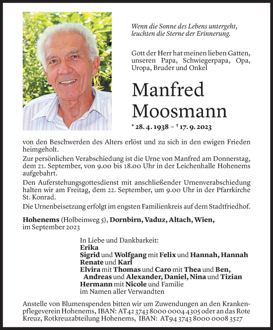 Todesanzeige von Manfred Moosmann von Vorarlberger Nachrichten