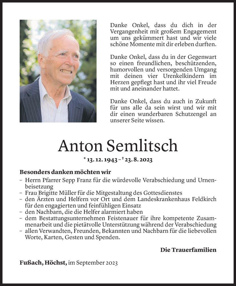  Todesanzeige für Anton Semlitsch vom 22.02.2023 aus Vorarlberger Nachrichten