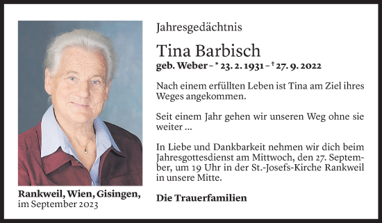 Todesanzeige von Tina Barbisch von Vorarlberger Nachrichten