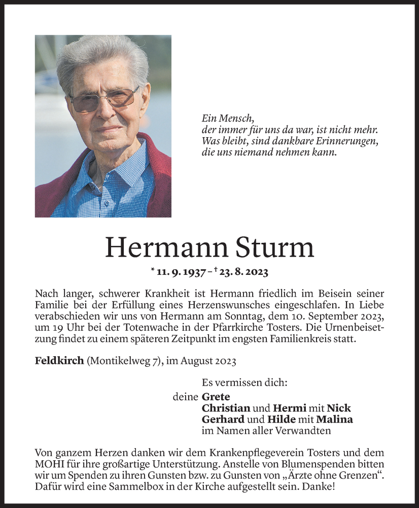  Todesanzeige für Hermann Sturm vom 06.09.2023 aus Vorarlberger Nachrichten