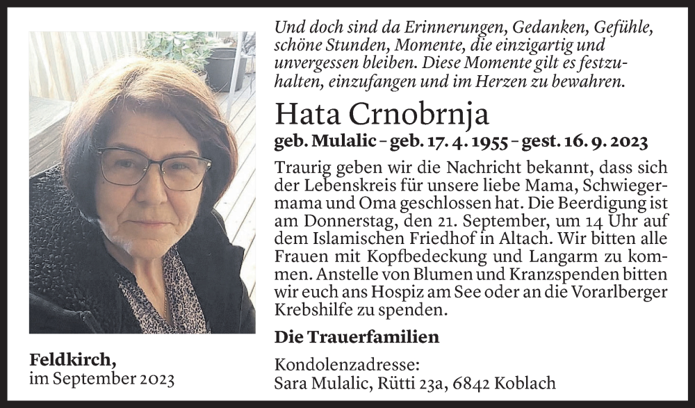  Todesanzeige für Hata Crnobrnja vom 19.09.2023 aus Vorarlberger Nachrichten