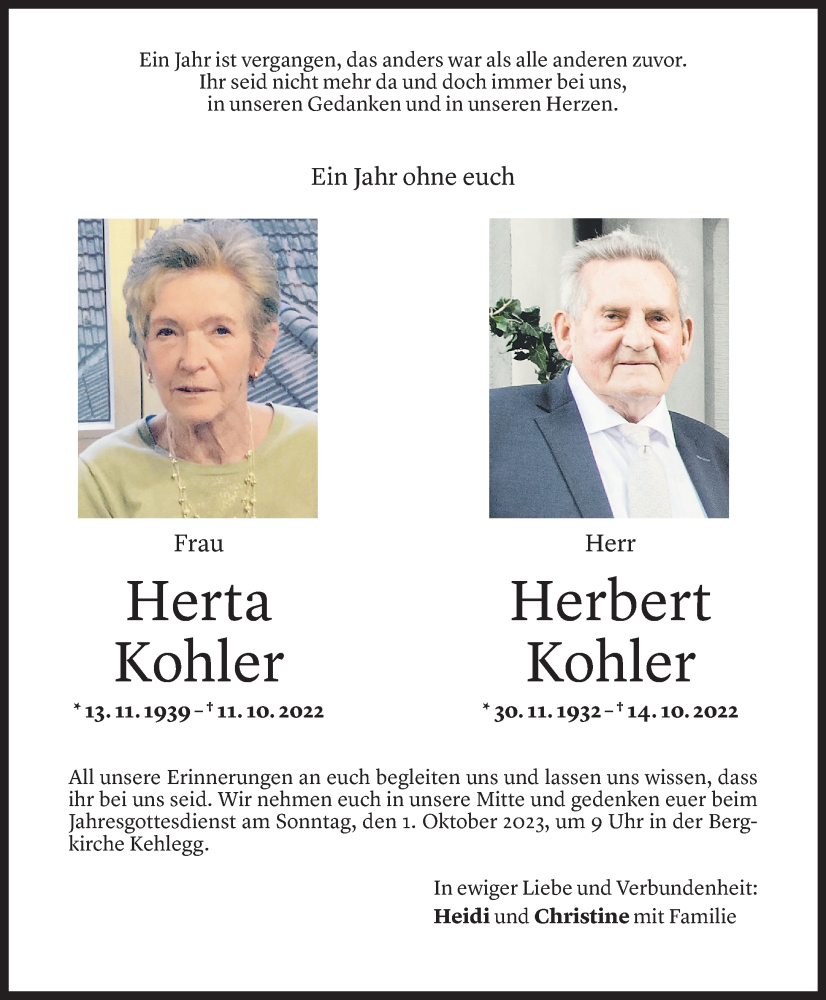  Todesanzeige für Herta und Herbert Kohler vom 28.09.2023 aus Vorarlberger Nachrichten