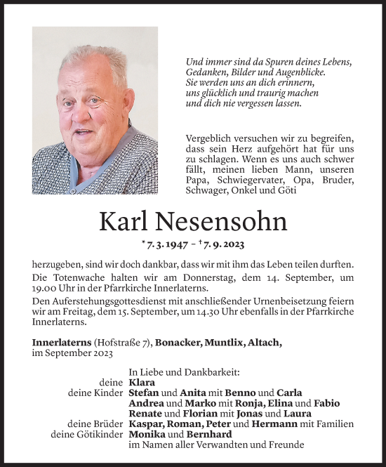 Todesanzeige von Karl Nesensohn von Vorarlberger Nachrichten