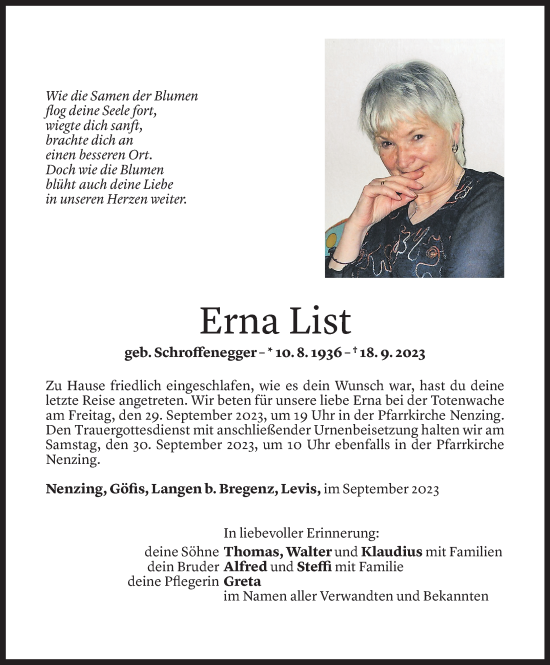 Todesanzeige von Erna List von Vorarlberger Nachrichten
