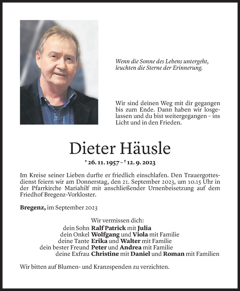  Todesanzeige für Dieter Häusle vom 15.09.2023 aus Vorarlberger Nachrichten