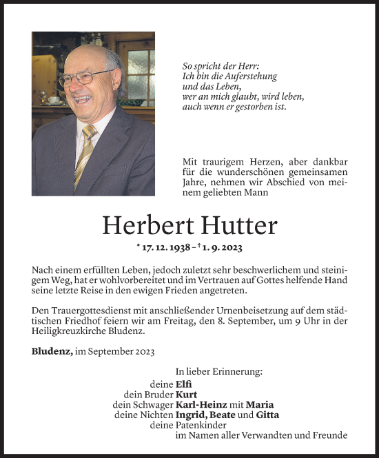 Todesanzeige von Herbert Hutter von Vorarlberger Nachrichten