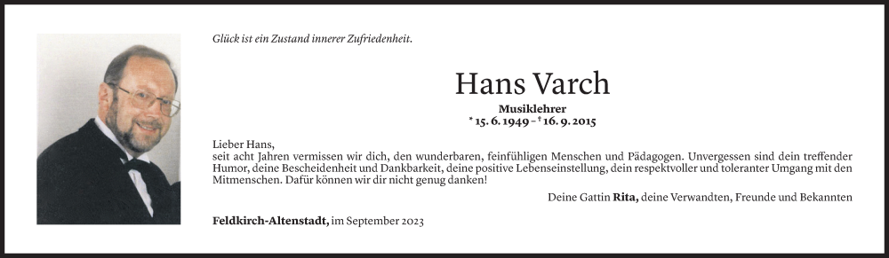  Todesanzeige für Hans Varch vom 16.09.2023 aus Vorarlberger Nachrichten