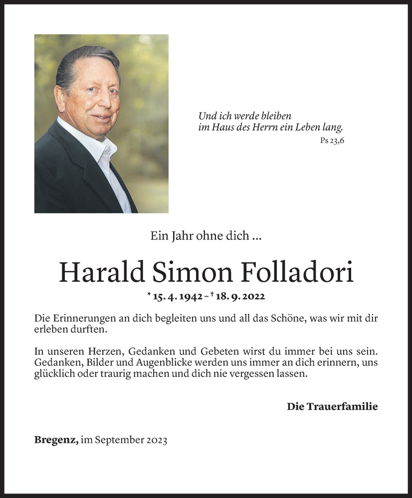  Todesanzeige für Harald Simon Folladori vom 18.09.2023 aus Vorarlberger Nachrichten