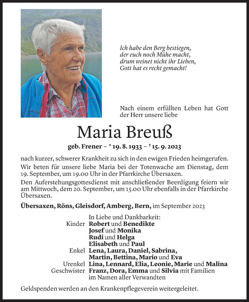  Todesanzeige für Maria Breuß vom 18.09.2023 aus Vorarlberger Nachrichten