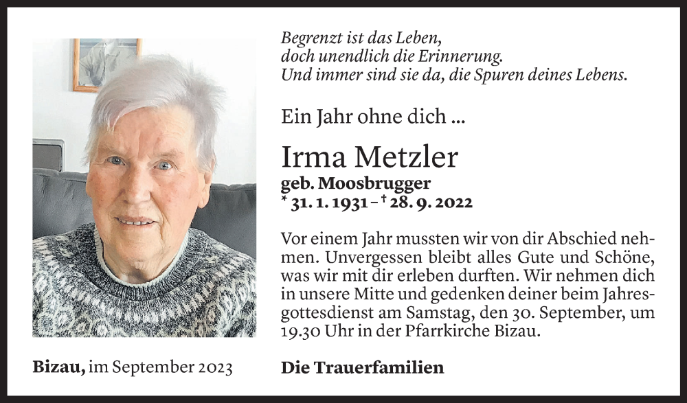  Todesanzeige für Irma Metzler vom 27.09.2023 aus Vorarlberger Nachrichten