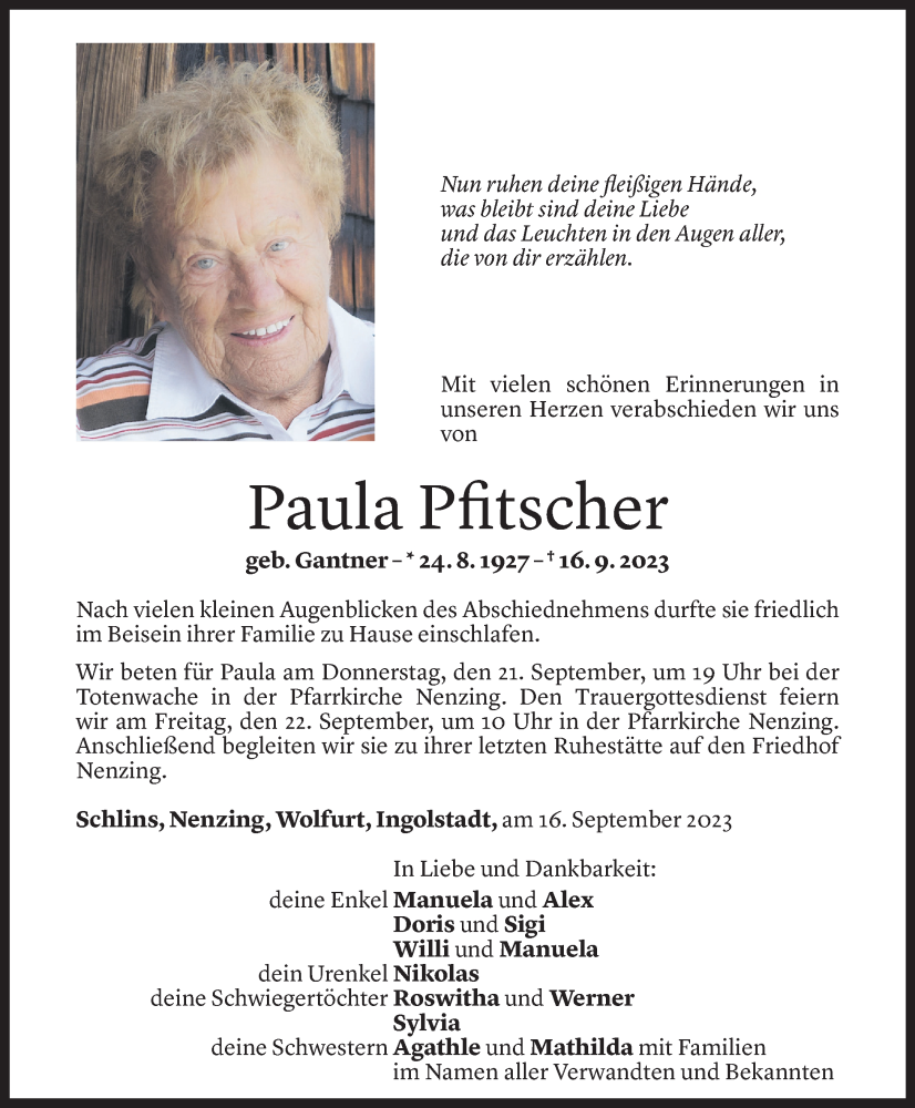  Todesanzeige für Paula Pfitscher vom 19.09.2023 aus Vorarlberger Nachrichten