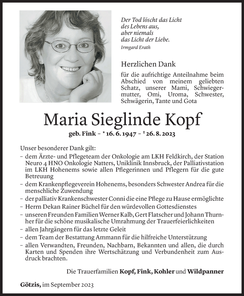  Todesanzeige für Maria Kopf vom 16.09.2023 aus Vorarlberger Nachrichten