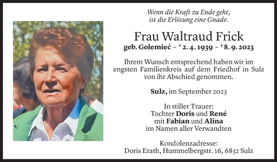 Todesanzeige von Waltraud Frick von Vorarlberger Nachrichten