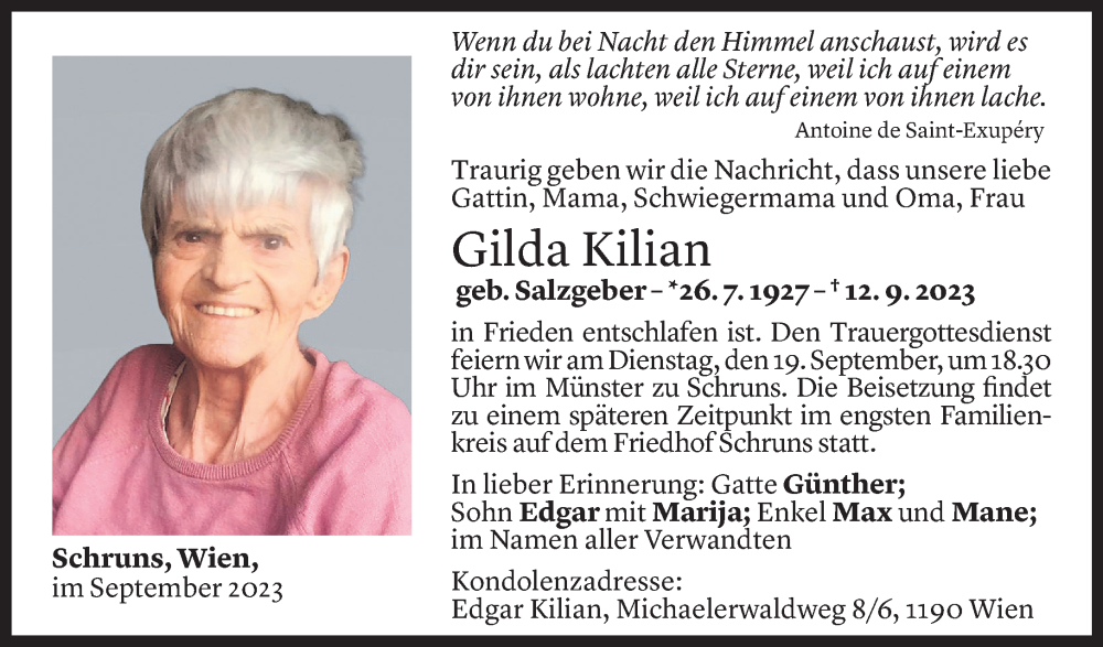  Todesanzeige für Gilda Kilian vom 16.09.2023 aus Vorarlberger Nachrichten