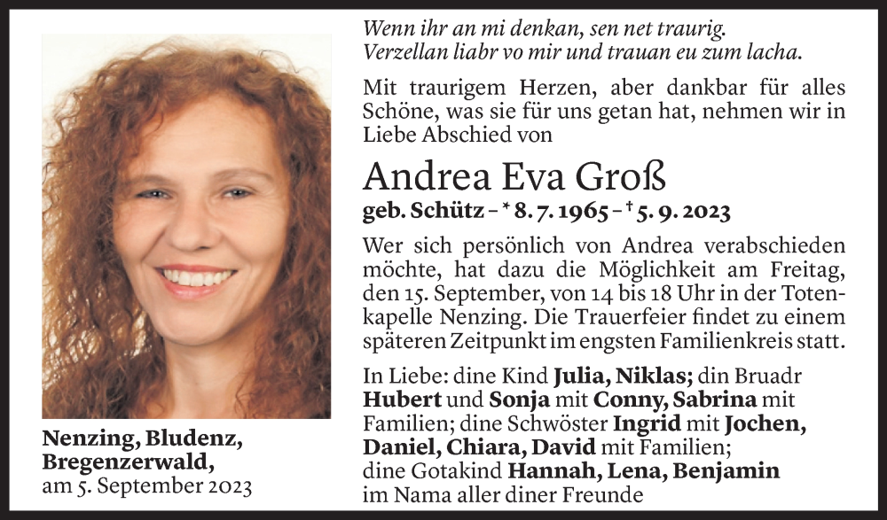  Todesanzeige für Andrea Eva Groß vom 10.09.2023 aus Vorarlberger Nachrichten