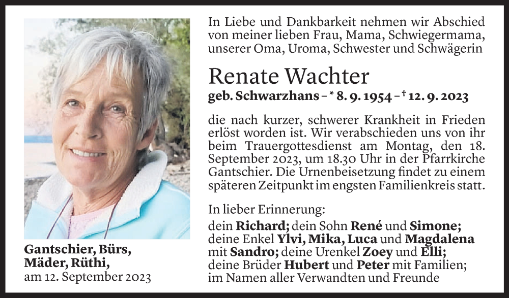  Todesanzeige für Renate Wachter vom 14.09.2023 aus Vorarlberger Nachrichten