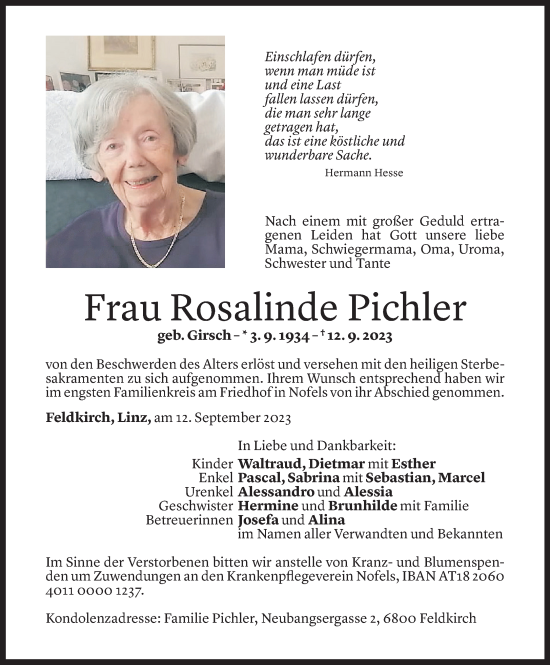 Todesanzeige von Rosalinde Pichler von Vorarlberger Nachrichten