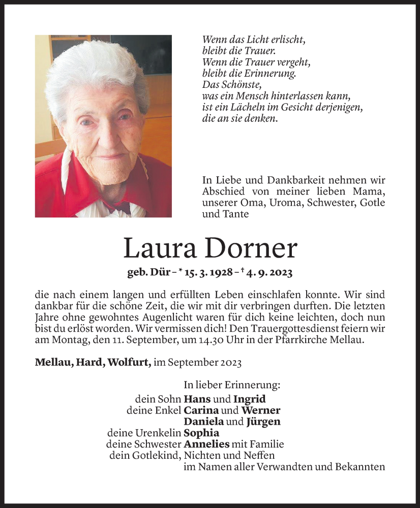  Todesanzeige für Laura Dorner vom 08.09.2023 aus Vorarlberger Nachrichten